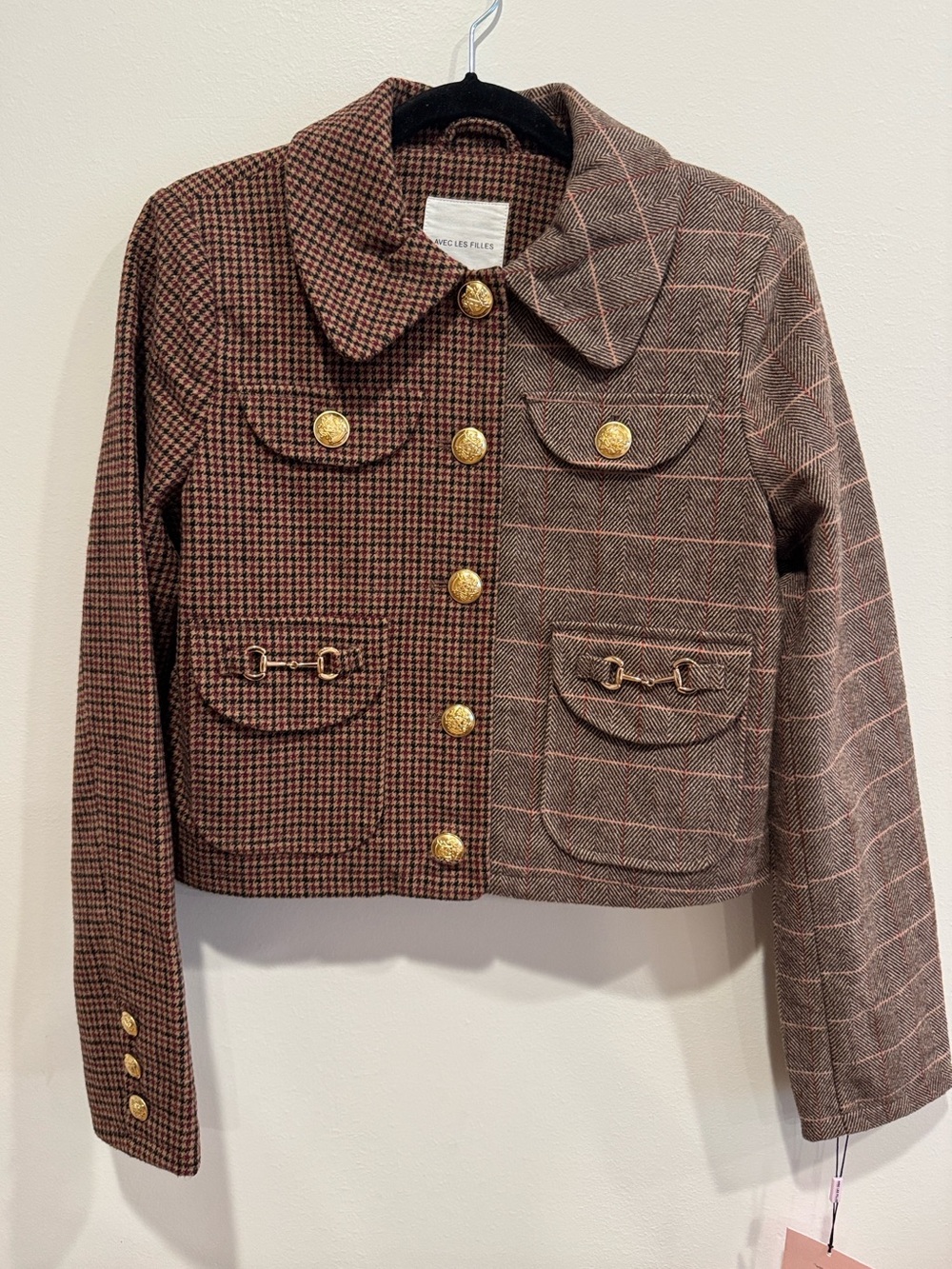 Avec Les Filles Mixed Plaid Houndstooth Cropped Equestrian Jacket Small NWT Gold - Picture 5 of 10